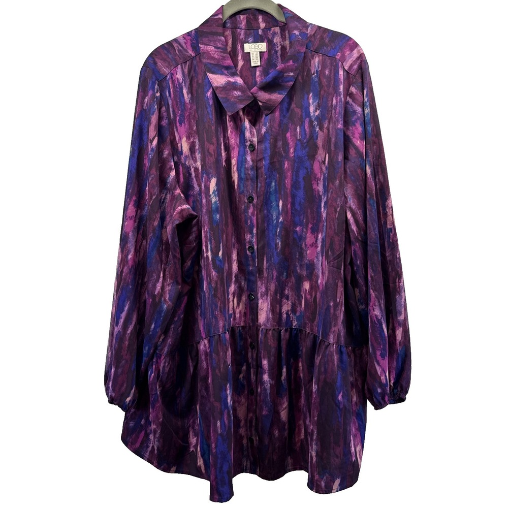 LOGO Lori Goldstein Women's Tunic Top Size 2X Plus Purple Blue Long Sleeves